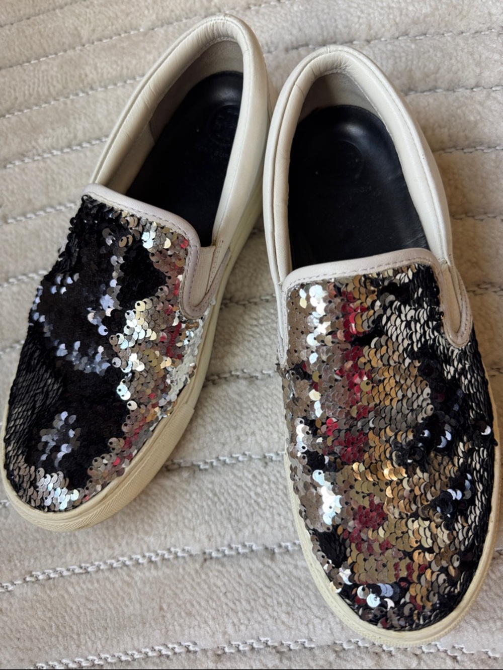 Tory Burch White Slip-On Sneakers with Reversible Black and silver flip Sequins